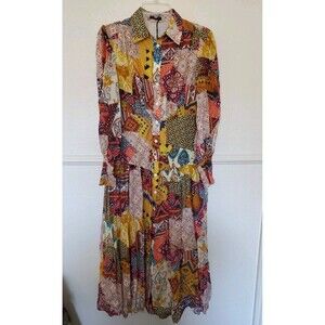 MOTF Dress Womens XS Red Yellow Patchwork Balloon Sleeve Flowy Button Front